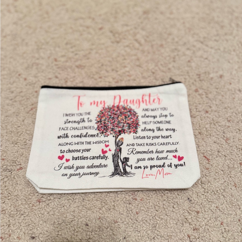 Brand New To My Daughter Sentimental Canvas Zipper Pouch  White With Pink Tree